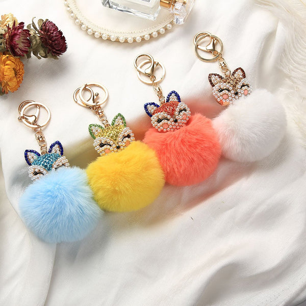 Pompon Porte-clés Noir Avec Tête De Renard Strass, Bijou De Sac ButterflyBIJOUX